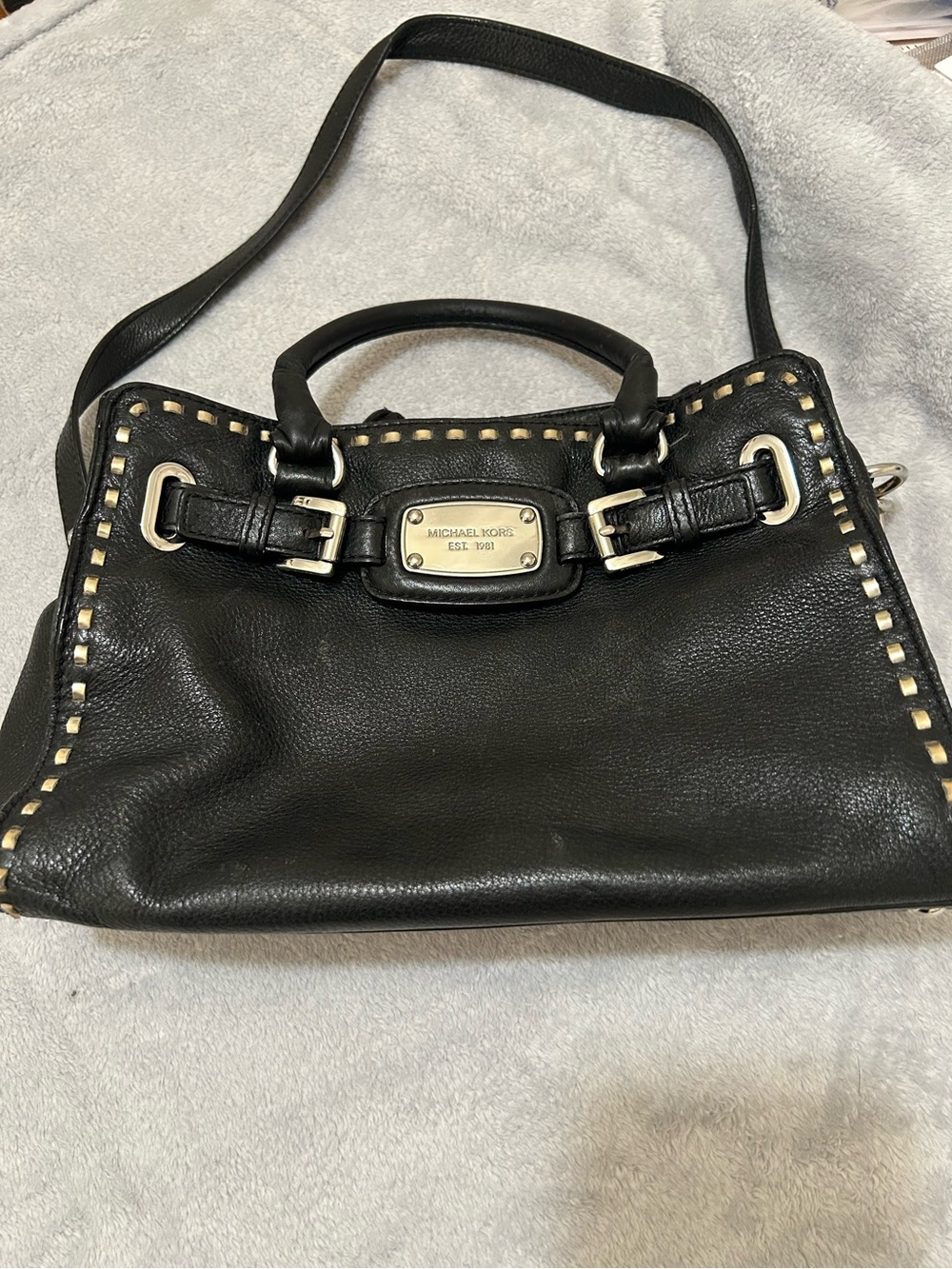 Michael Kors Black Leather Shoulder Bag with Cream Stitching